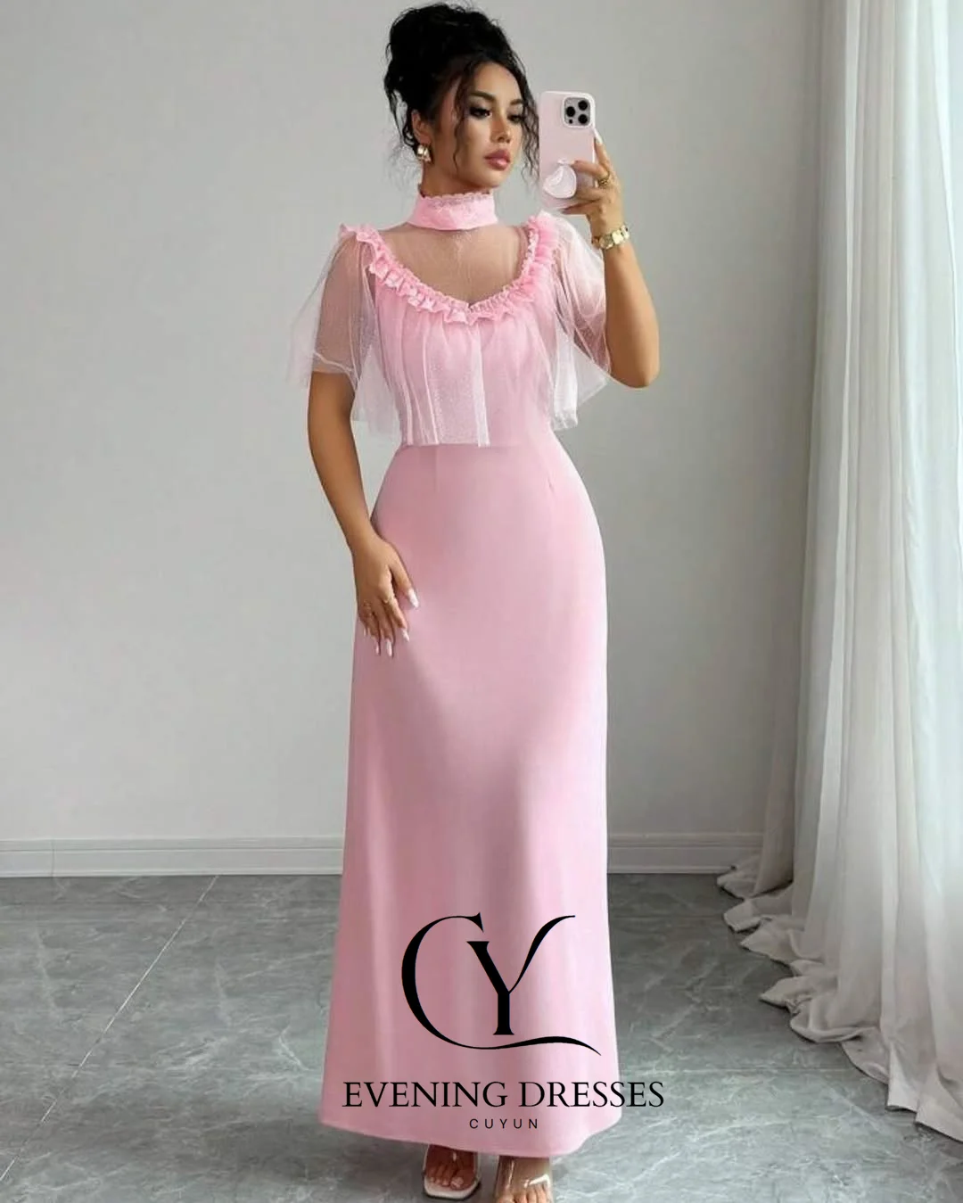 فساتين سهرة شبه مكشكشة ذات ياقة عالية من CUYUN بطول الكاحل فستان أنيق للحفلات مخصص للحفلات العشاء