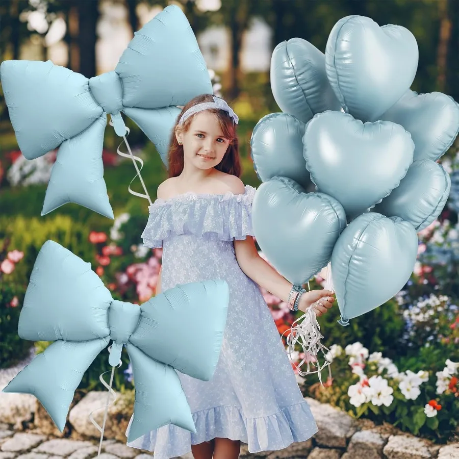 ベビーブルーのハート型バルーン、フォイルボウバルーン10個セット、18インチのハート型バルーンと38インチのヘリウムライトブルーボウフォイルバルーン