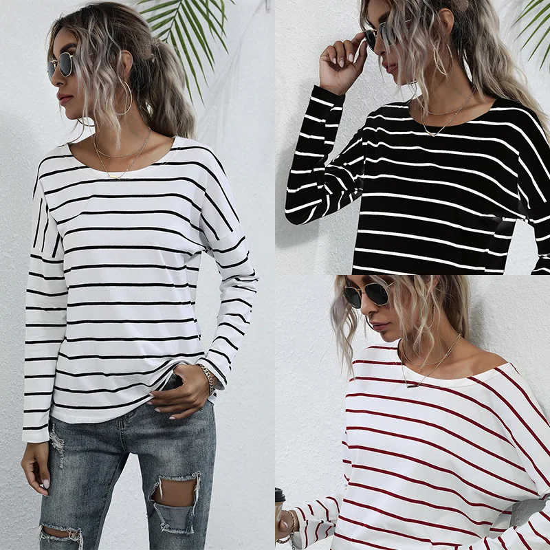 2022 Spring New Fashion Stripe Loose T-shirt O-neck Cotton Long Sleeve White Tees Tops Women Clothes Pullover Casual Top 18742