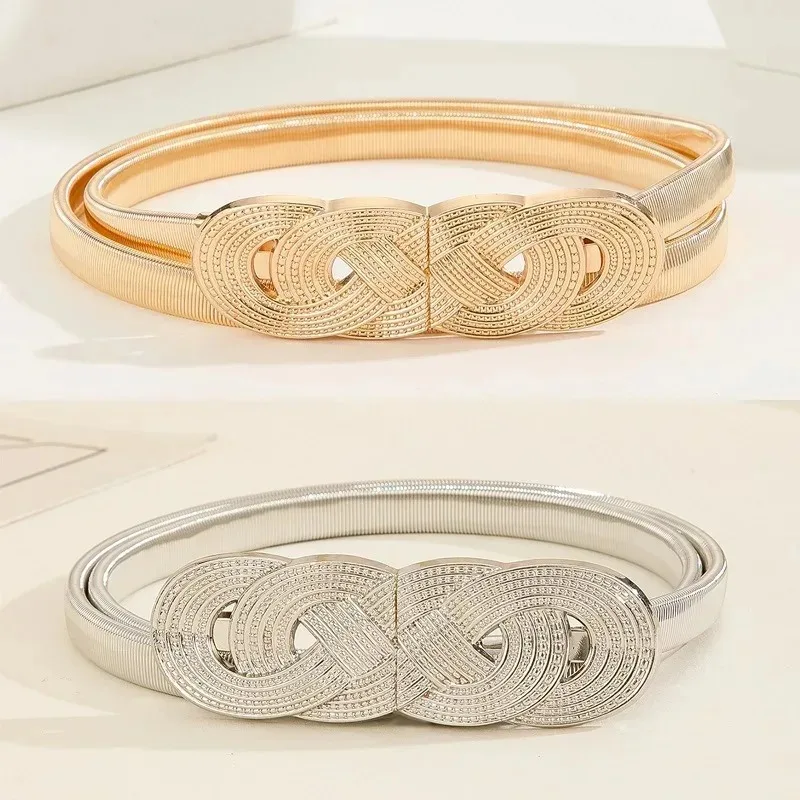 حزام سلسلة ذهبي وفضي للسيدات - حزام خصر معدني مرن قابل للتعديل للفساتين والجينز وملابس Y2K، أنيق ومتعدد الاستخدامات