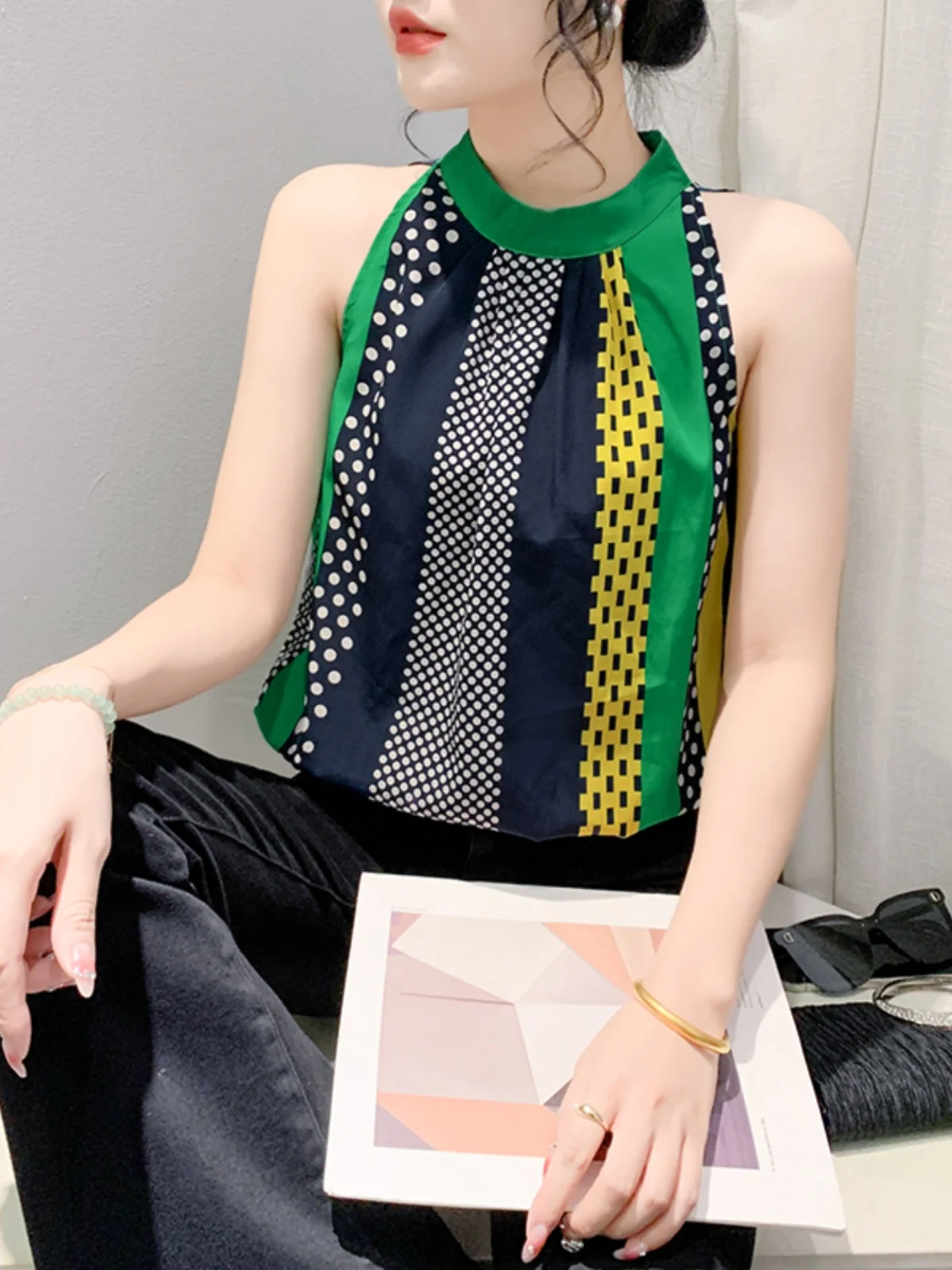 패셔너블한 프린트 스웨이드 시폰 탑 여성 여름 신상 루즈핏 배 가리는 어깨 노출 베스트 스트리트 스타일