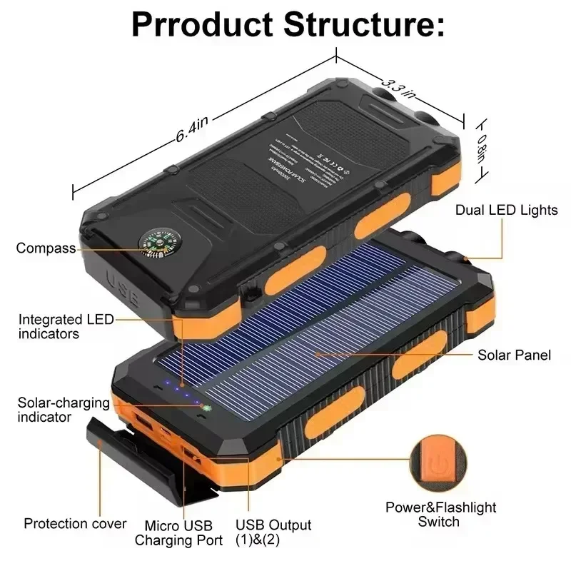 Solar Power Bank 10000mAh Outdoor Camping Portable Fast Charger Waterproof External Battery Charging Power Bank with LED Light