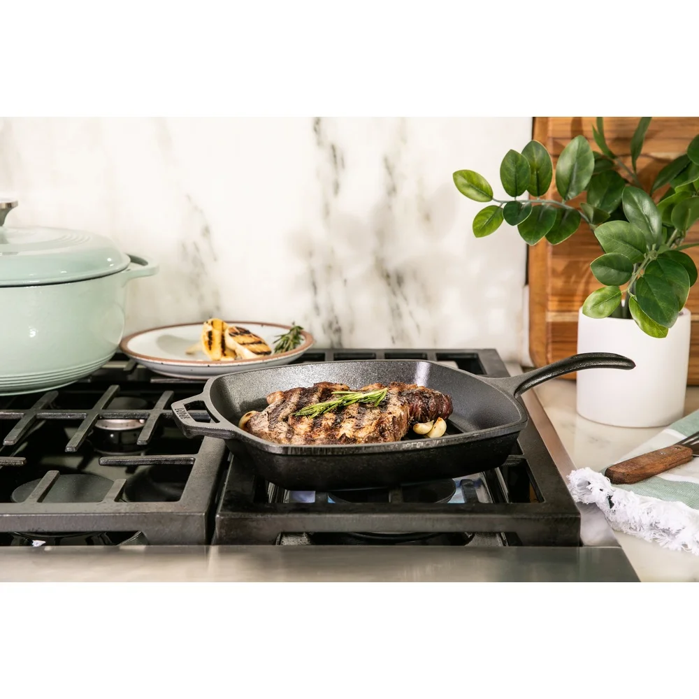 Panci Panggangan Besi Cor Persegi 10.25 Inci Oven Aman Antilengket Pra-bumbu Tahan Lama Memasak Penting Ideal Pembakaran Panas Tinggi dan