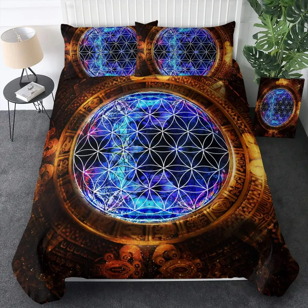 

Neon Mandala Duvet Cover Set Full Queen Boho Hippie Bedding Set Ancient Mayan Calendar 3D Print Abstract Comforter Cover