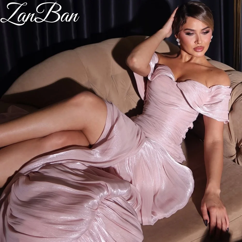 ZanBan Elegant Pink Off The Shoulder 2026 Mermaid Shiny Dresses Formal Party Gowns for Women Simple Pleat Prom Gown Customized
