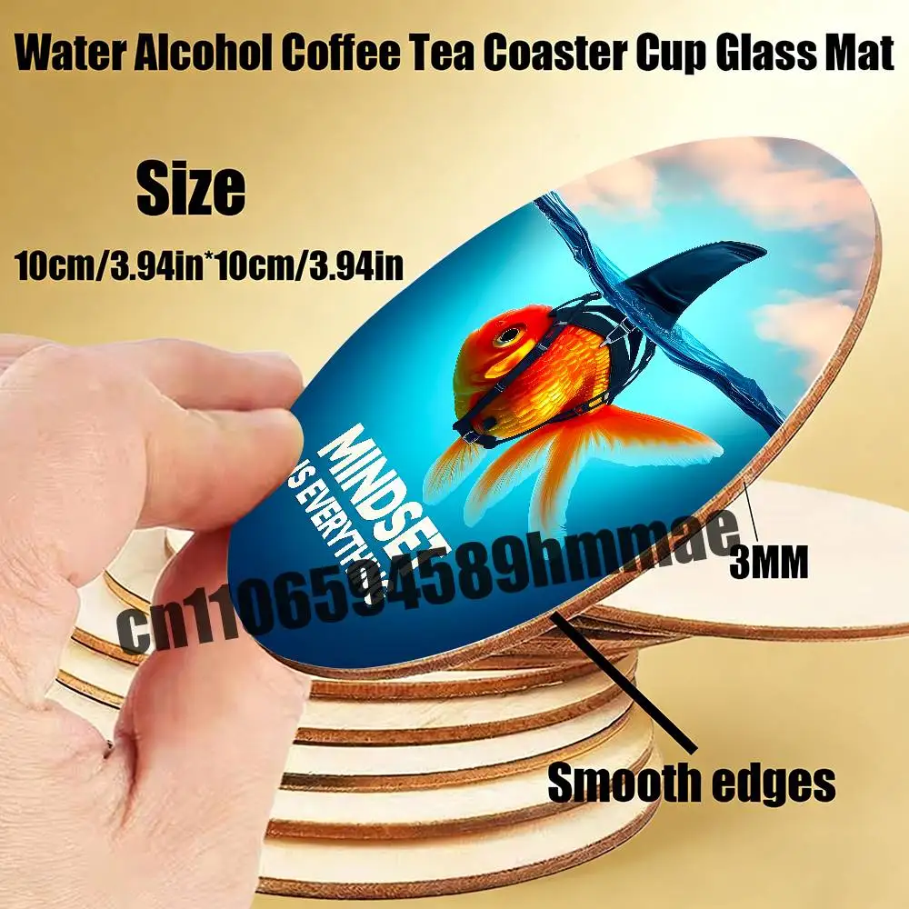 

For Mindset Is Everything Quotes Cat Fish Shark Lion Tige Water Coffee Tea Coaster Cup Glass Mat Wood Round Wooden Heat Proof