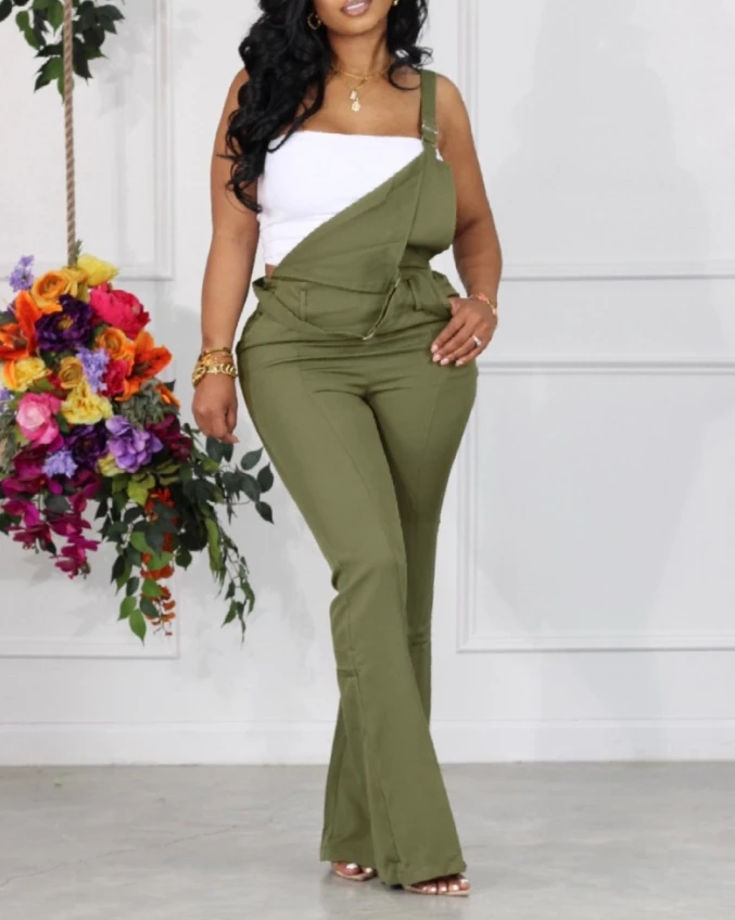 

Jumpsuit Women 2024 Summer Fashion Pocket Design Slit Square Neck Thick Strap Casual Plain High Waist Long Suspender Jumpsuit