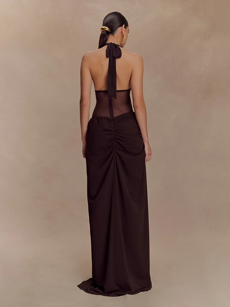 Abito sexy senza schienale con scollo a V in tinta unita stile americano Abito sexy senza maniche in rete trasparente alla moda Clubwear sottile fino al pavimento