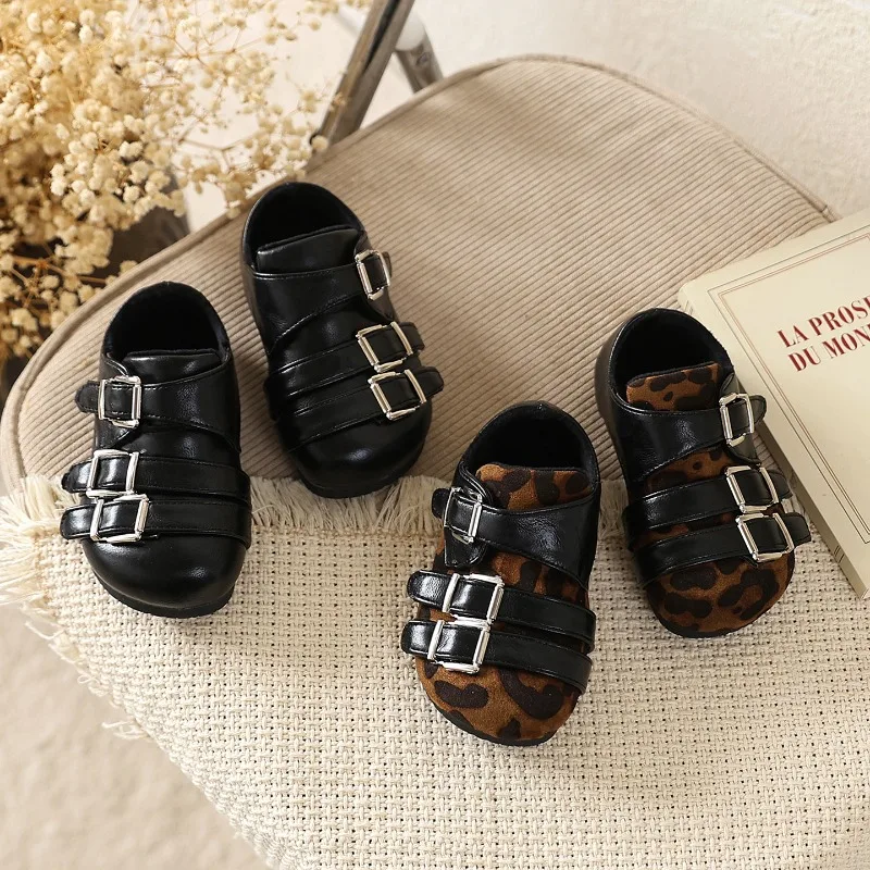 Girls Leopard Leather Shoes Soft Sole Non Slip Baby First Walker Shoes Children Retro Casual Shoes 2026 Spring Autumn New
