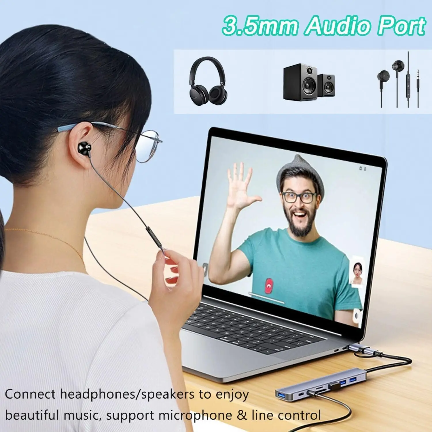 8 في 1 USB C Hub Splitter 4 منافذ USB 1 USB-C Jack TF/SD قارئ بطاقات 3.5 ملم مخرج صوت لأجهزة الكمبيوتر المحمولة MacBook iPad