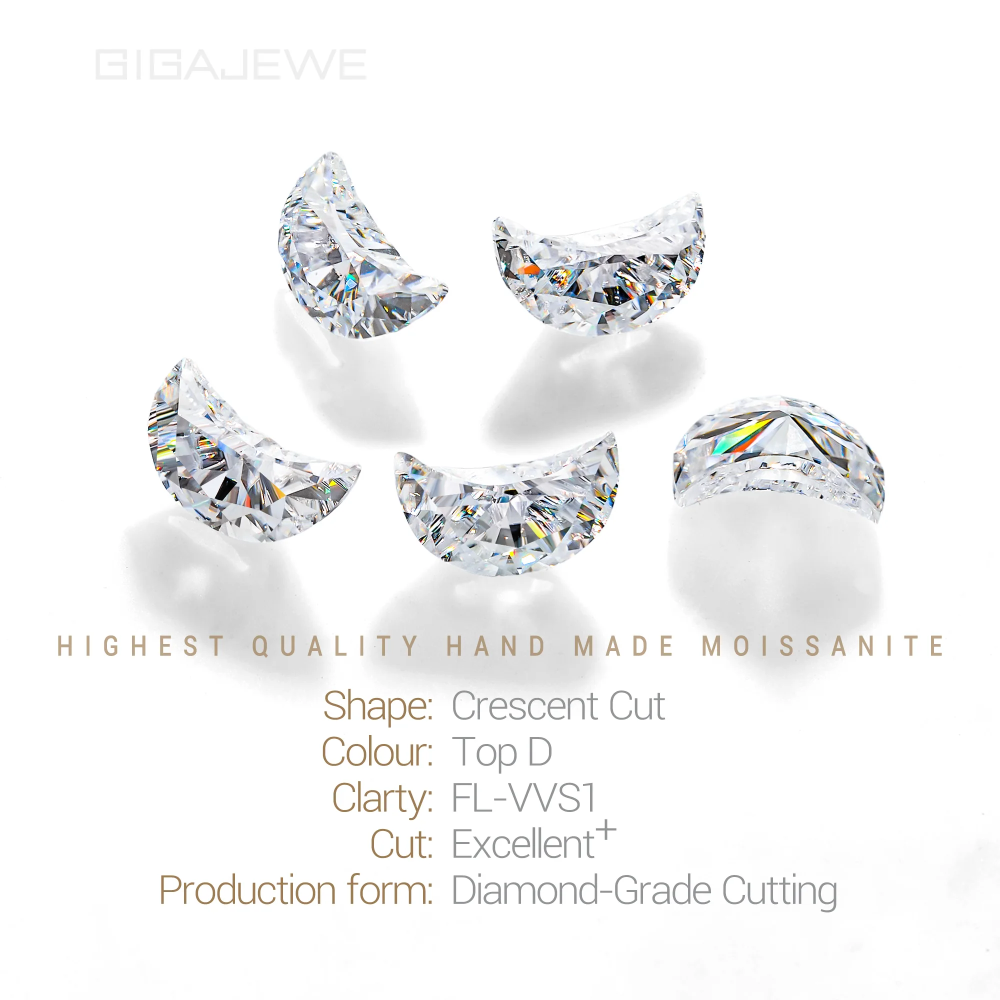 Crescent Cut Moissanite Gemstone: 5x10mm White D Color, 1.5ct Loose Stone