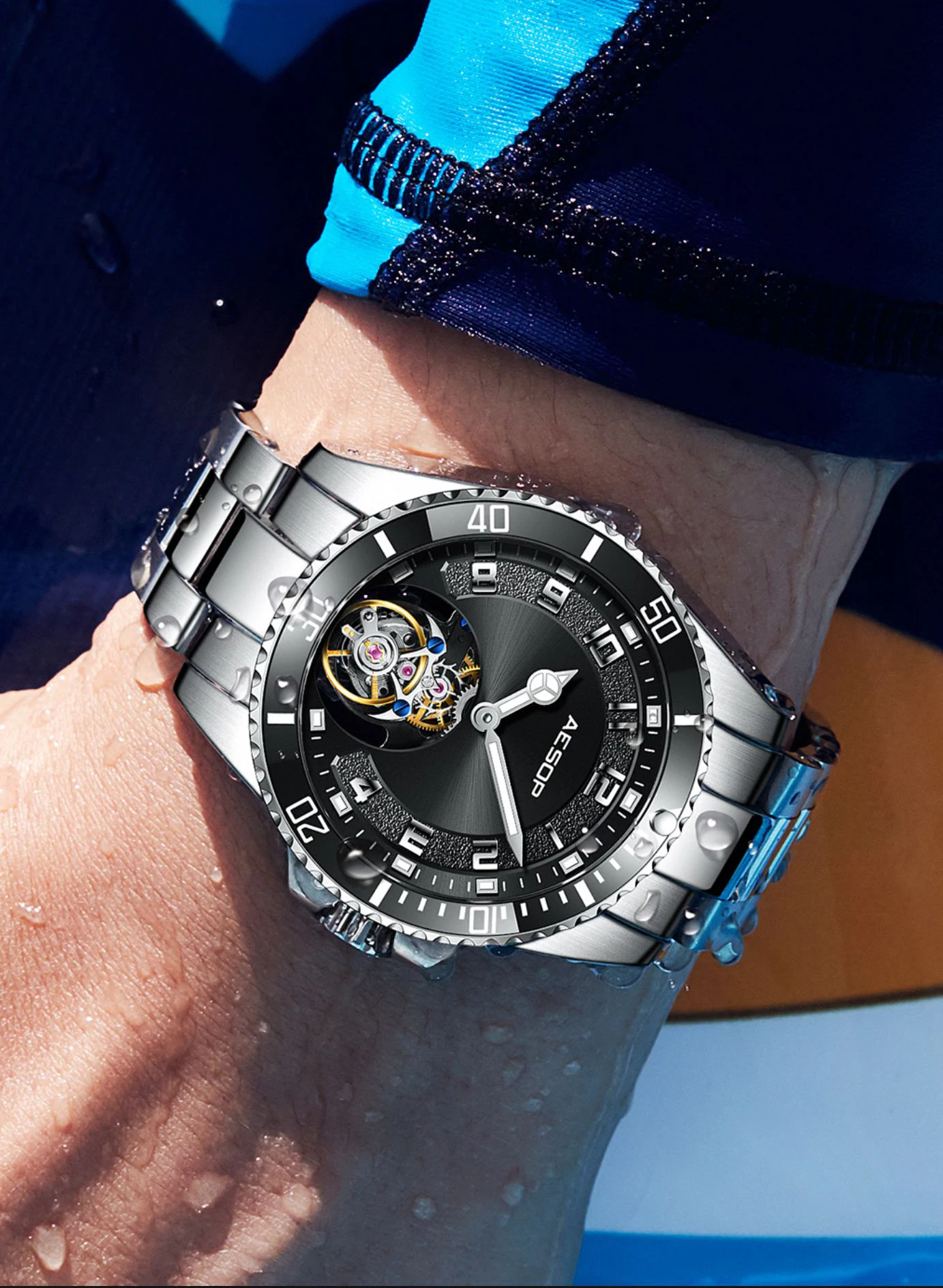 Jam Tangan Lelaki AESOP Tourbillon Mechanical Watch - Submariner Style 316L Steel Rotating Bezel Waterproof Luxury Diver Watch