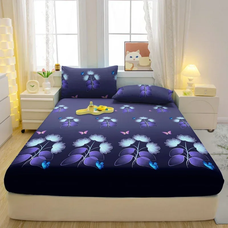 1 Simple Modern Plant Flower Printed Matte Fitted Sheet, Bedroom Printed Bed Cover, Bedding (Excluding Pillowcases)