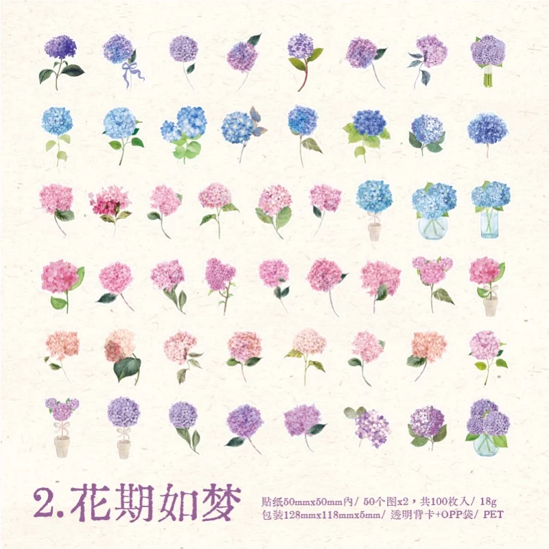100 stuks bloemstickers, verzameling, PET-stickers, decoratieve, handgemaakte materialen voor scrapbooking, dagboek, album, knutselbenodigdheden.