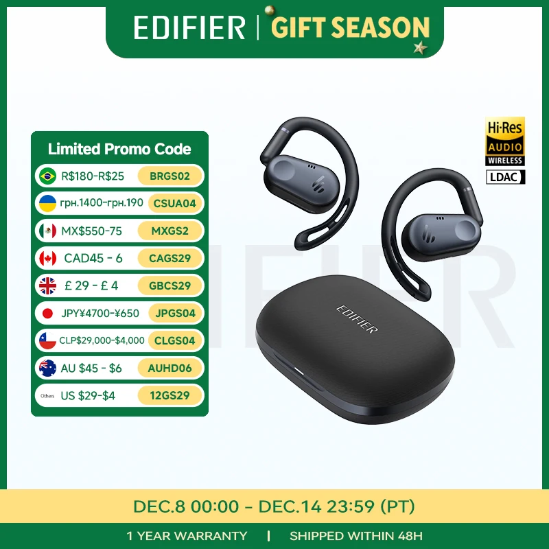 Edifier comfo flex verdadeiro sem fio bluetooth fones de ouvido abertos bluetooth 5.4 ganchos de orelha fone de ouvido, áudio de alta resolução, ip55