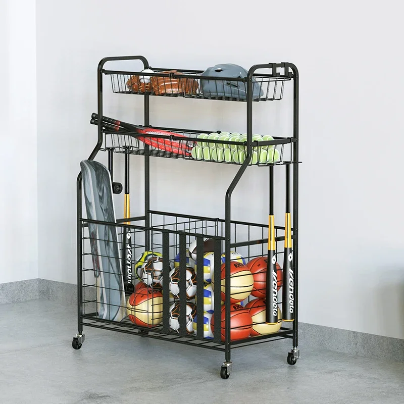

Customized Garage Sports Equipment Organizer Rack Ball Storage Ball Sports Storage Cart with Baskets and Hooks