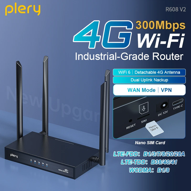 Plery 4G Router CAT4 300Mbps LTE Router WAN/LAN WIFI6 Wireless Router DC Power VPN/Firewall 6*5dBi Antennas Supports 16 Devices