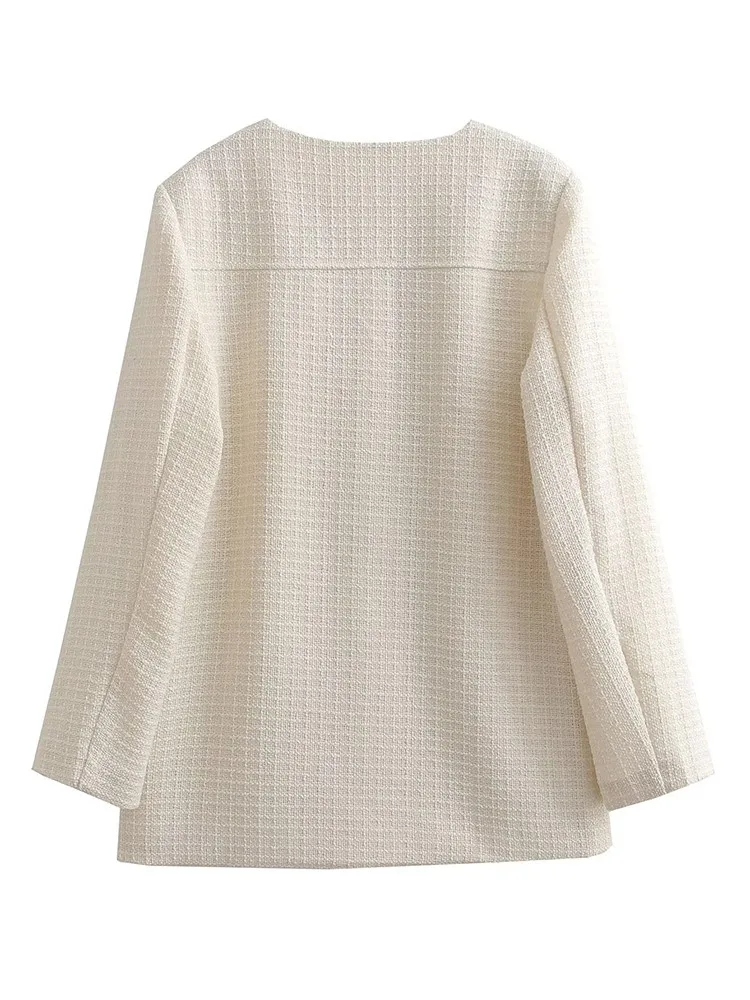 Elegante cappotto blazer in tweed donna 2025 nuova moda autunnale abito ampio vintage beige casual blazer monopetto con tasca o collo