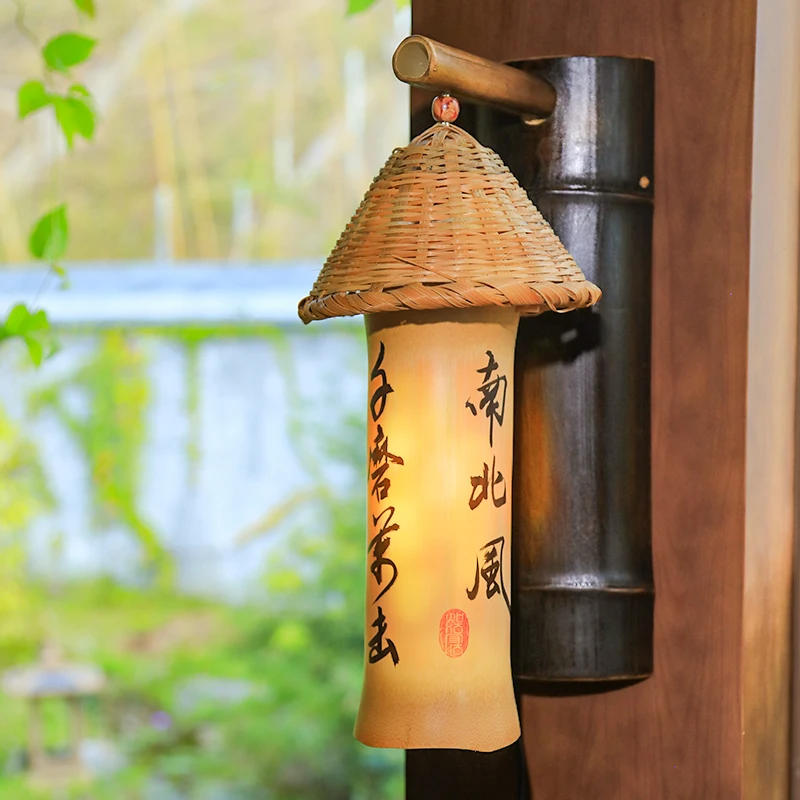 Handwritten Calligraphy Bamboo Wind Chimes Natural Handwoven Tea House Hanging Decor Vintage Corridor Ornaments with Artwork