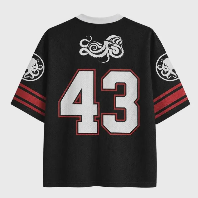 Japanese Ukiyo‑e Red Octopus Football Jersey Vintage Wave Kanji Print V‑Neck Number 43 Short Sleeve Sports Tee Top
