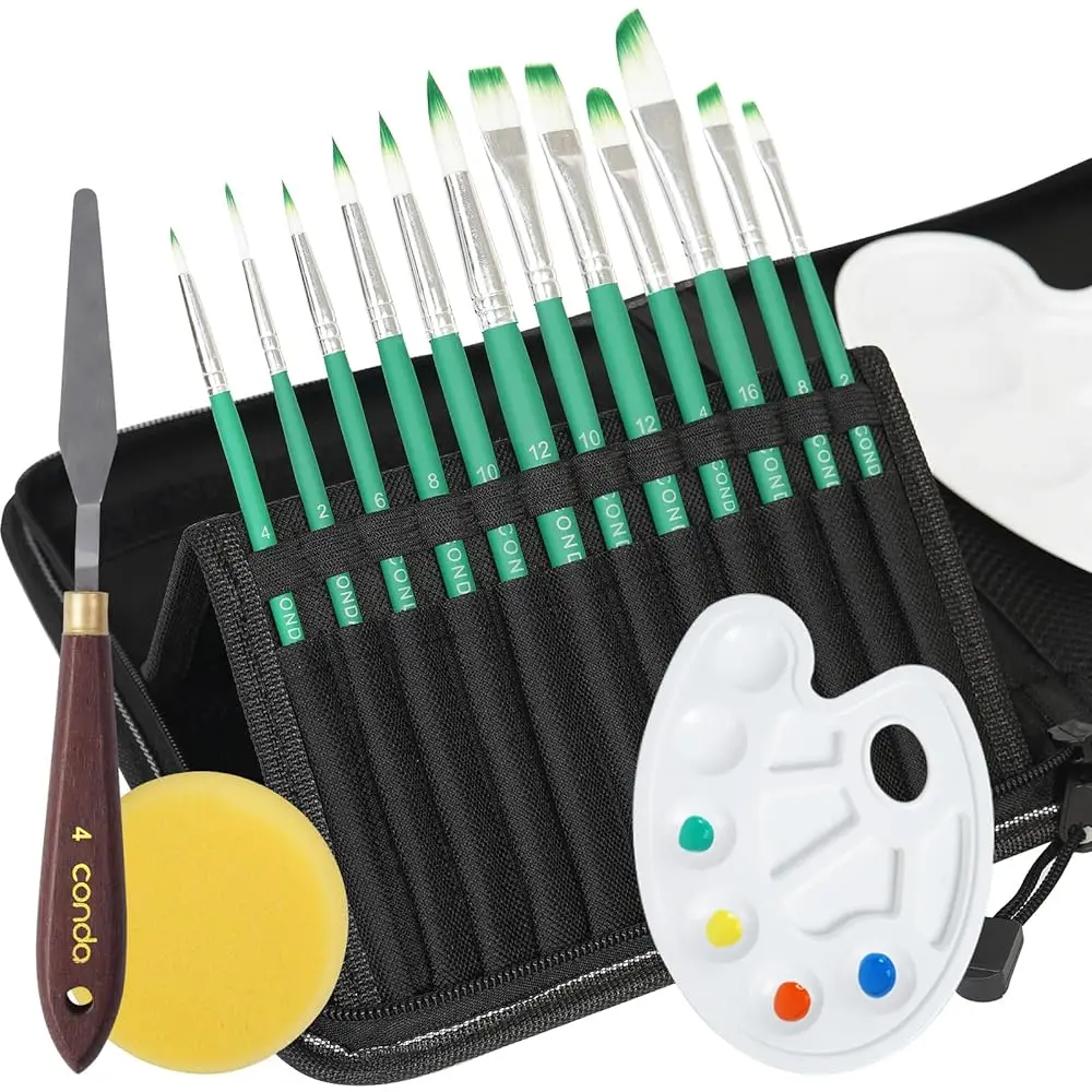 

Paint Brushes Set - 12 Pcs Different Shapes Paint Brushes, 1 Paint Knife, 1 Palette, 1 Sponge With Case - Professional Artists