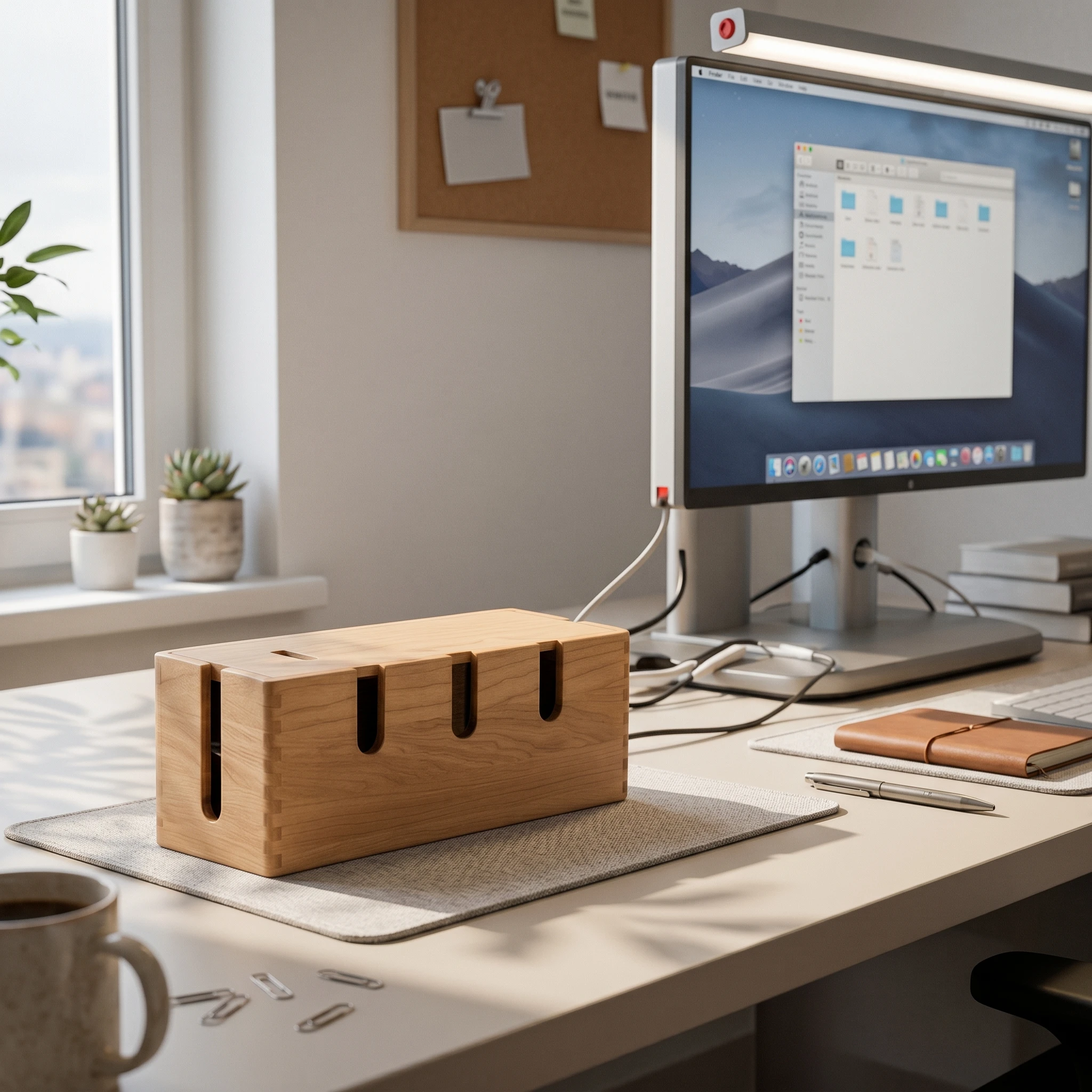 Desktop Cable Management Box Finger Joint Cable Management Box Office Storage Cutout Slots Rectangular for Desk, Workstation
