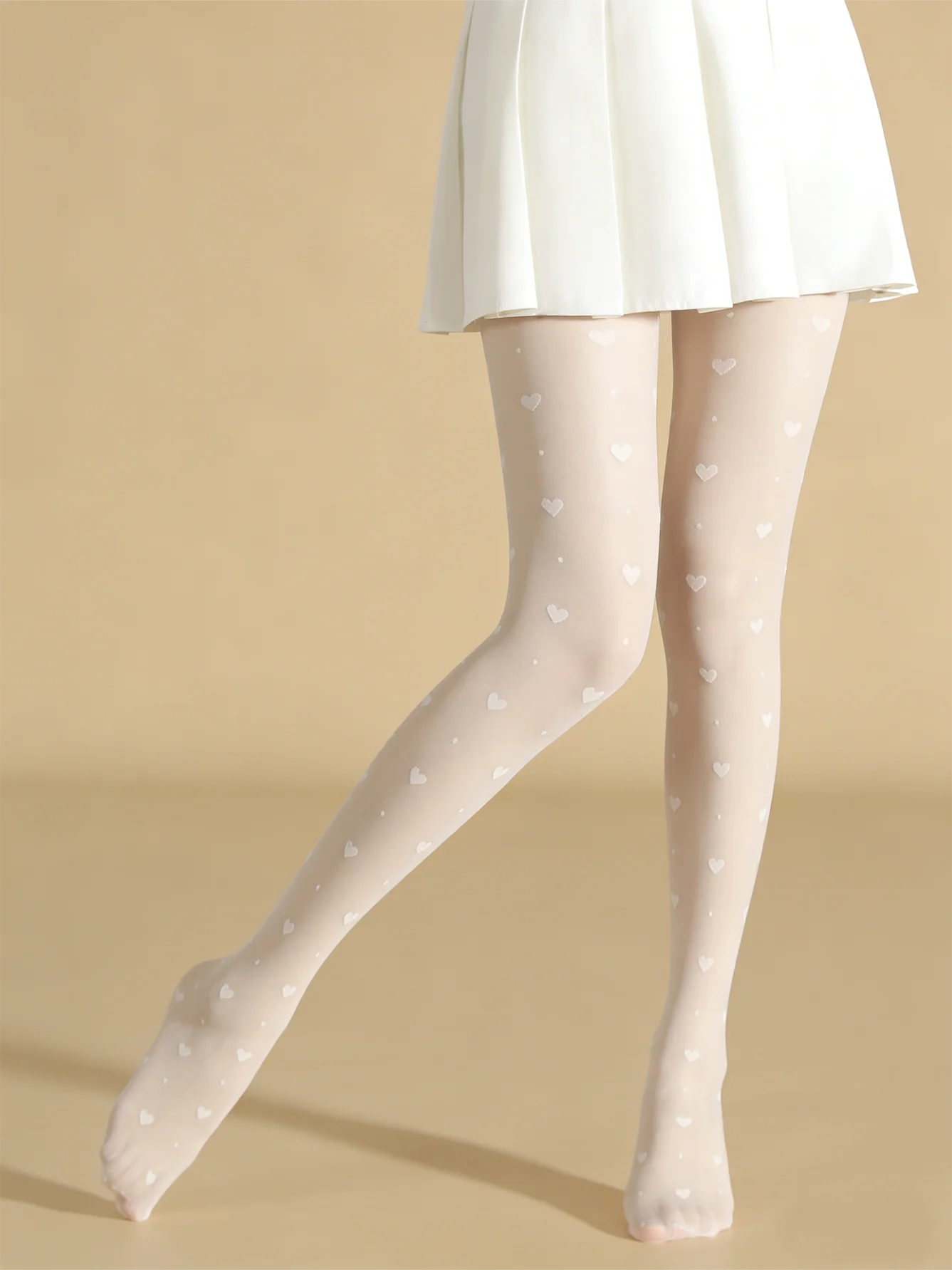 1 Pair Women White Heart Print Sheer Stretchy Cute Tights Lolita Style Spring