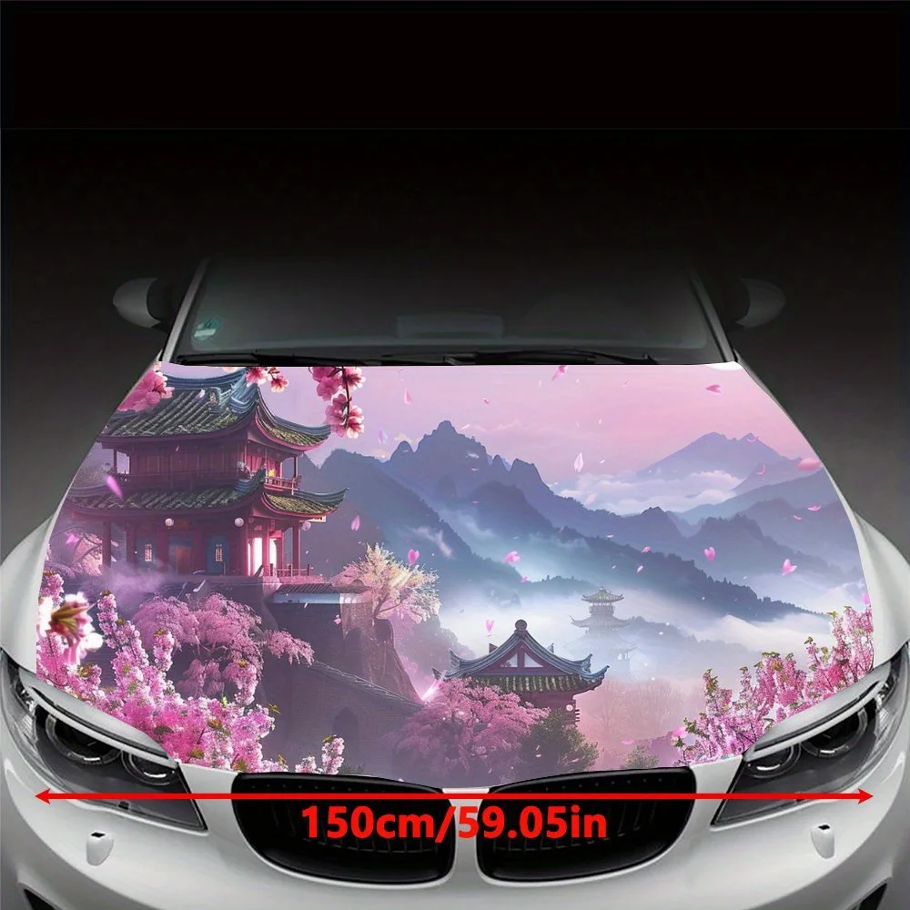 Beautiful Mountain Mist Cherry Blossoms Car Hood Wrap Color Vinyl Sticker Truck Graphic Bonnet Auto Accessories Decor Decal Gift