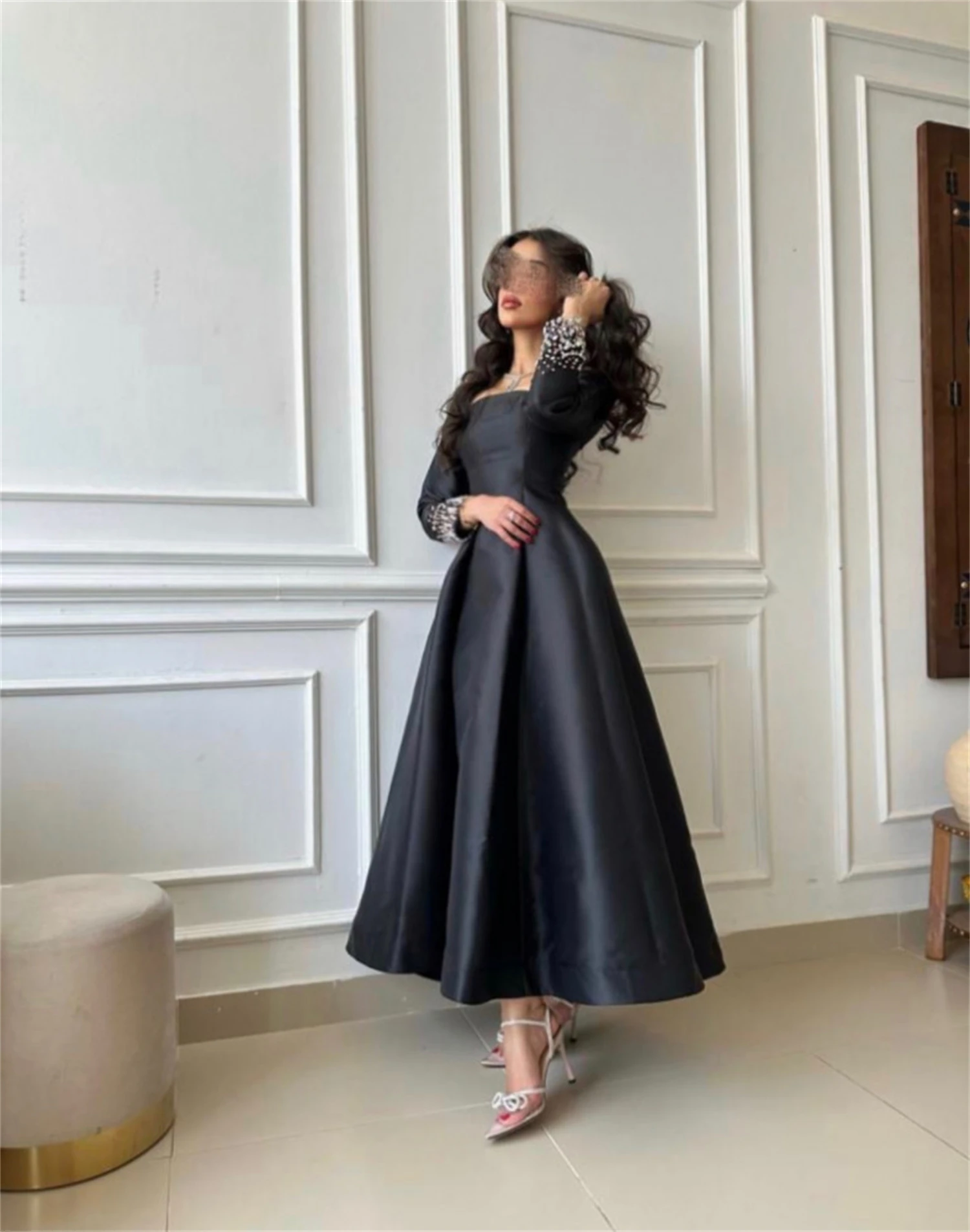 Formal Occasion Dresses Black Satin Saudi Arabia Women\'s Prom Dresses Crystals Long Sleeves Ankle Length Evening Party Gowns