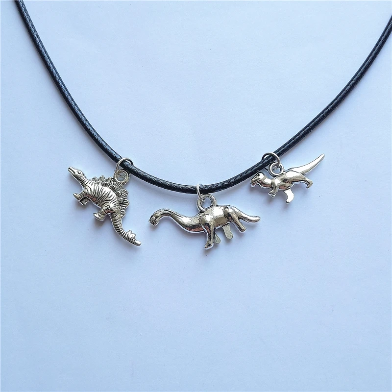 Dinosaur Charm Choker Necklace, Black Leather Choker, Brontosaurus Pendant, Stegosaurus Pendant Necklace