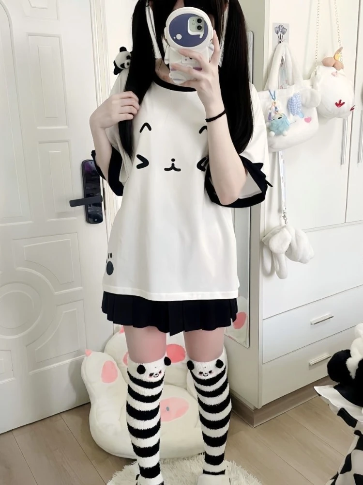 HOUZHOU Kawaii tatlı Patchwork t-shirt kadın japon moda Y2k Harajuku sevimli kedi karikatür baskı gevşek Tees Tops yumuşak Gril