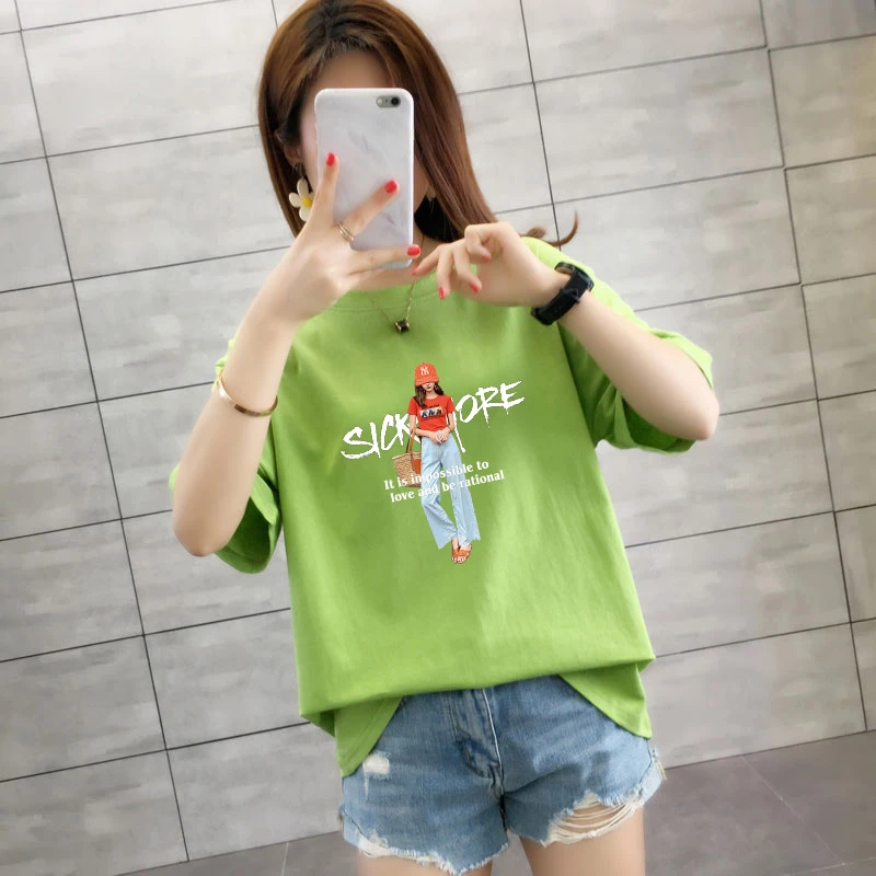 Lake blue round neck short-sleeved T-shirt women 2024 summer new models of medium-length loose casual small size body shirt tops