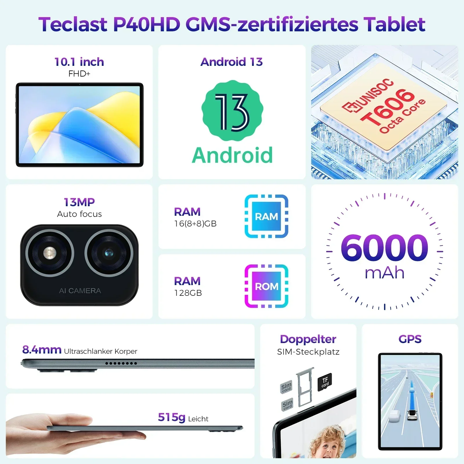 Teclast P40HD 2023 Android 13 Tablet 10.1" 1920x1200 IPS 8GB RAM 128GB ROM Unisoc T606 8-core Type-C Dual 4G LTE Widevine L1