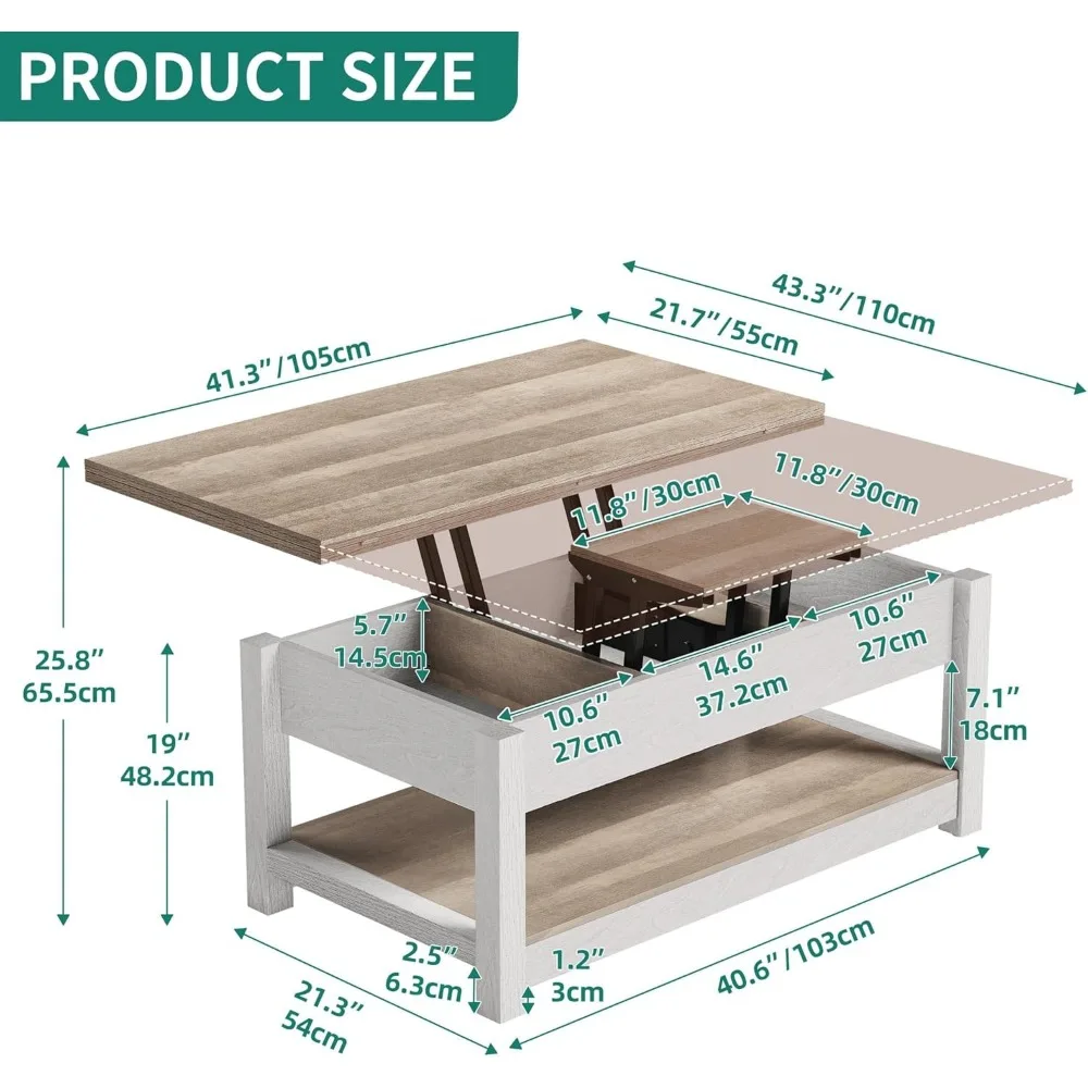 Salontafel Op Lift, 3 In 1 Multifunctionele Koffietafels Met Opslag Voor Woonkamer, Boerderij Moderne Eettafel