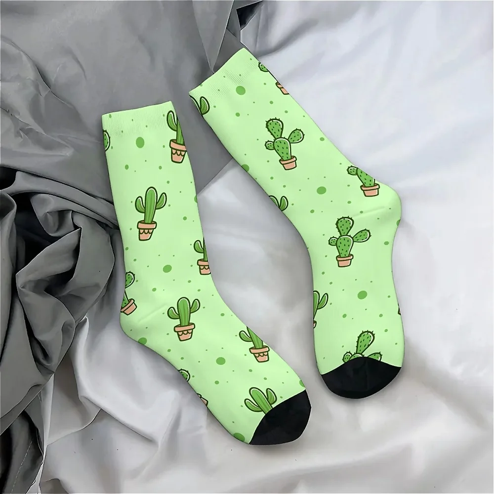 1 Pair Unisex Crew Socks, Harajuku Seamless Print, Fun Novelty Cactus Pattern, Polyester 95% Spandex 5%, Hand Wash Only,