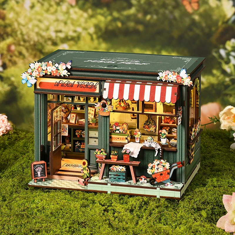 

DIY Wooden Miniature Model Kit Aura Verde Flower Room 3D Puzzle Magic Dollhouse With Furniture Light for Friends Birthday Gifts