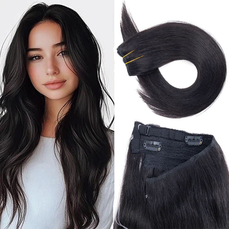 

Регулируемые невидимые накладные пряди из натуральных волос на невидимой леске, 14-20 дюймов, с заколками, цельный парик для увеличения длины и объема