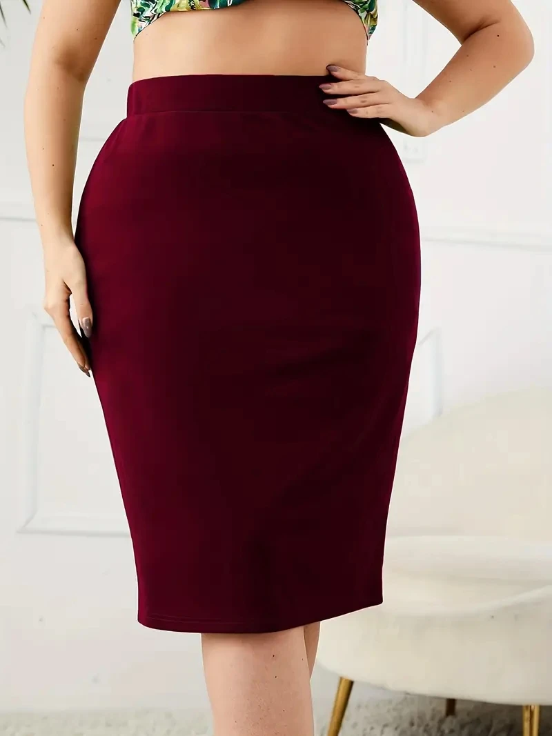 2024 Summer Plus Size Solid Slim Skirt, Casual High Waist Slit Skirt, Women\'s Plus SizeClothing