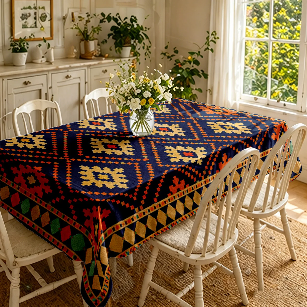 Tablecloth 2D Flat Printing One-Piece Geometric Ethnic Style Blue Orange Beige Durable Polyester Easy-Clean for Indoor Outdoor Daily Use And Holiday Party Home Kitchen Decoration