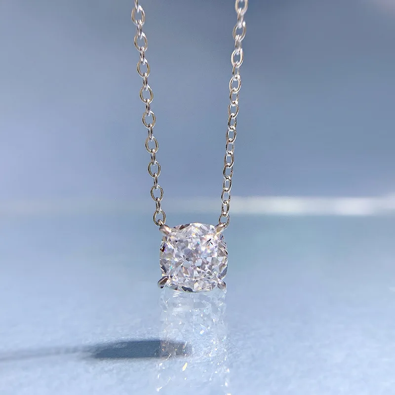 European and American minimalist 2ct pillow shaped 7 * 7 ice cut high carbon diamond pendant sterling silver necklace 40+5cm