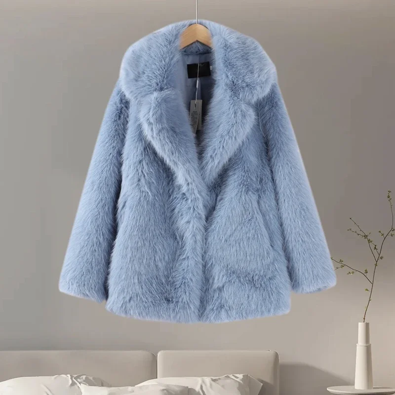 2024 Autumn/Winter New Women\'s Fur-Integrated Coat, Notch Lapel Design, Long Sleeves, Single Breasted Buttons,-Length, Casual