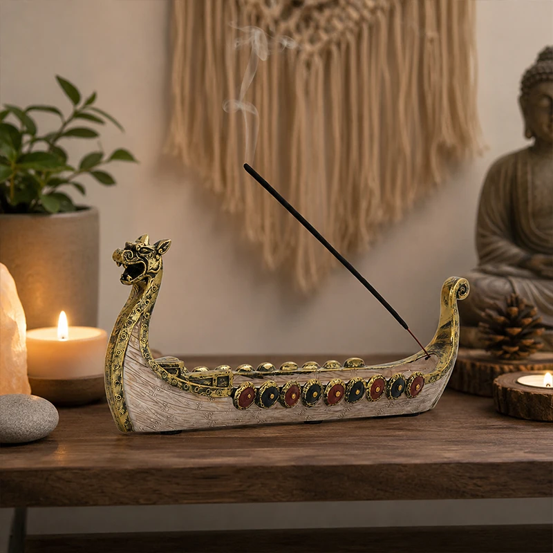 Vintage Viking Ship Resin Sculpture Craft Home Decor Ornaments Traditional Dragon Boat Festival Incense Burner Stick Holder