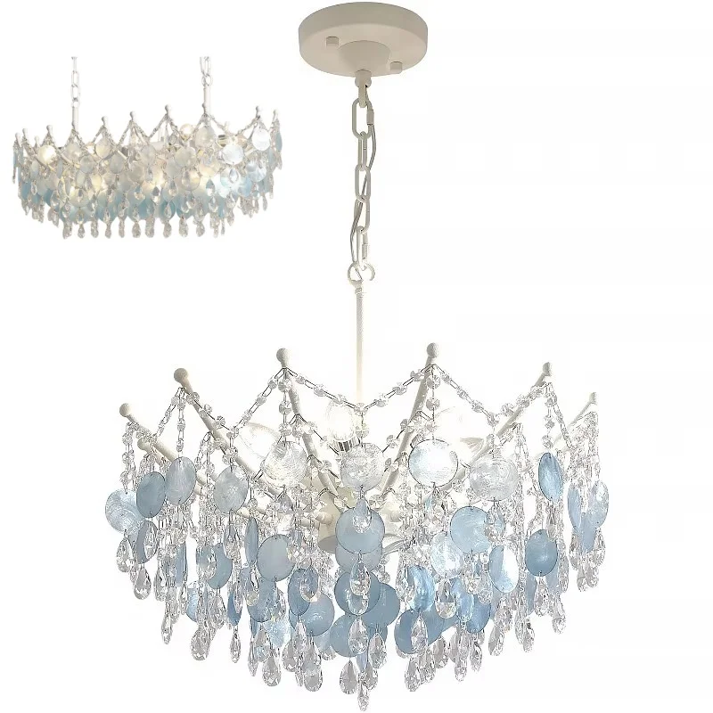 French Romantic Blue Shell E14 Pendant Lights Dining Room K9 Crystals Hanging Lamp Lving Room Lustre Deco Suspend Lamp Luminaria