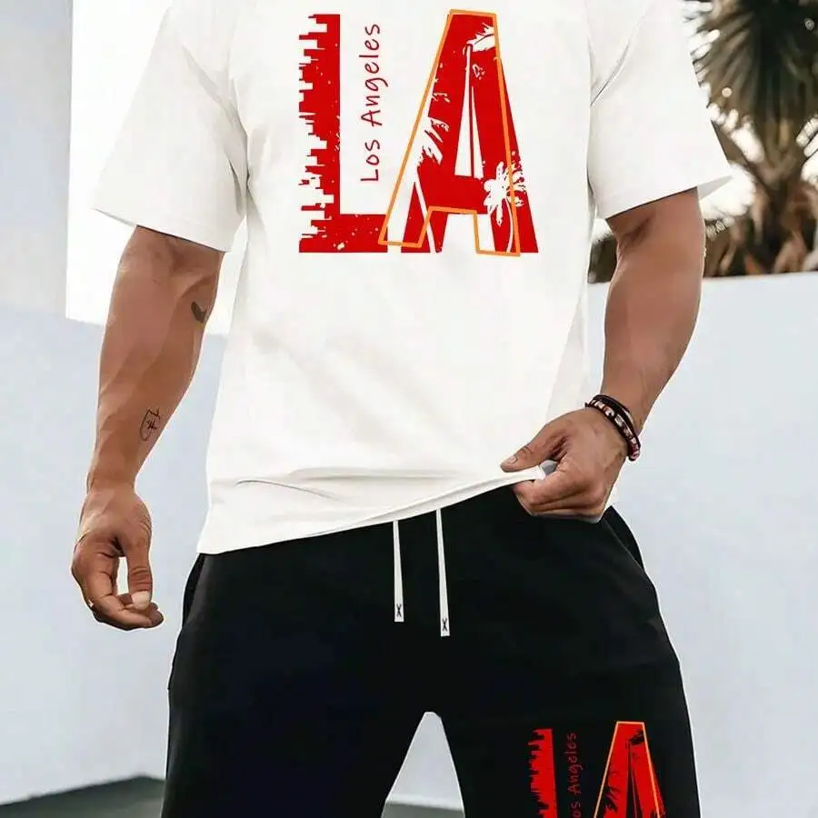 

Mens LA Print Casual Two-Piece Set T-Shirt And Shorts Summer Knit Sportswear