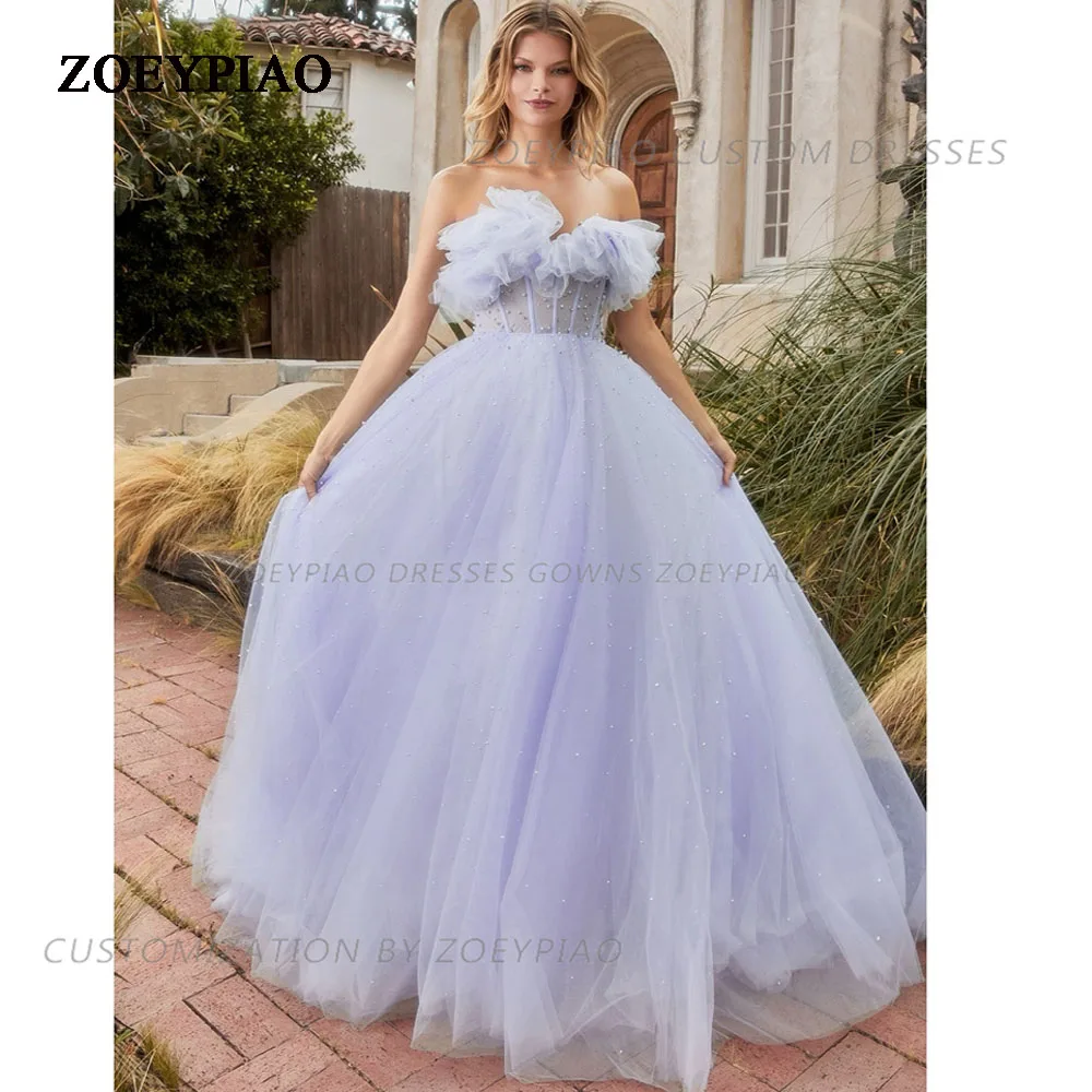 Vestido de noche largo plisado sin mangas para novia, traje de fiesta de tul de lavanda, color morado, sin tirantes, 2024