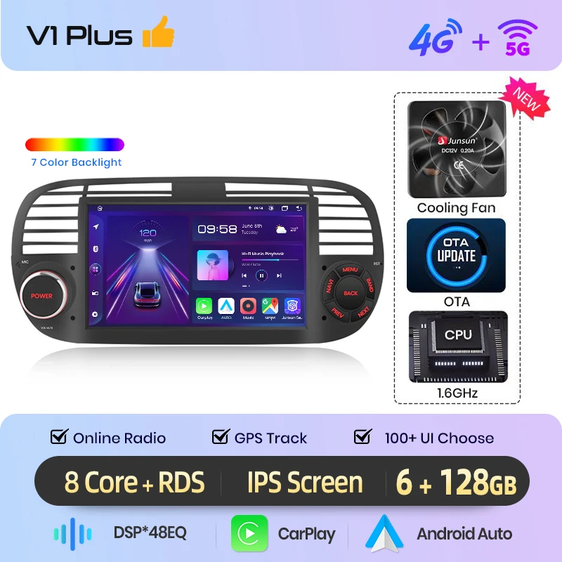 Junsun 7 inch draadloze CarPlay Android Auto autoradio voor Fiat 500 500C Abarth 2007-2015 Multimedia draadloze Apple CarPlay Smart Intelligent Systems IPS touchscreen stereo videospeler 2 Din