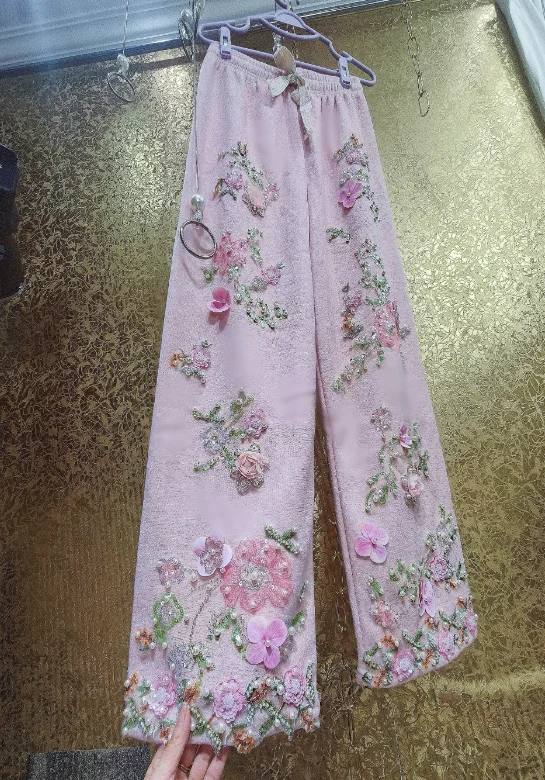 الفاخرة الراقية الخريف الشتاء الثقيلة الترتر ثلاثية الأبعاد زهرة السراويل الجنية الصوف مبطن المرأة عادية عالية الخصر واسعة الساق السراويل #6