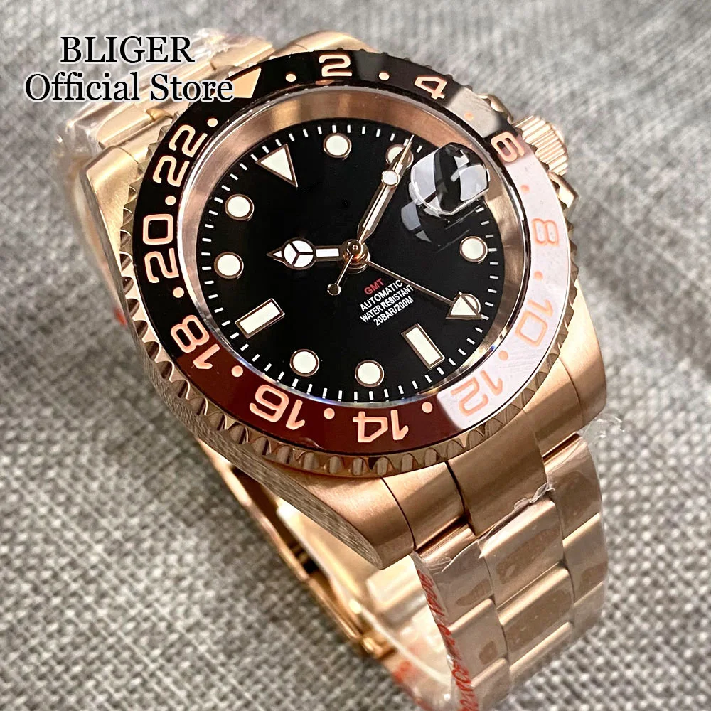 20ATM Waterproof 40mm Rose Gold NH34 GMT Automatic Watch For Men Steel Strap Ceramics Bezel Sapphire Glass Luminous