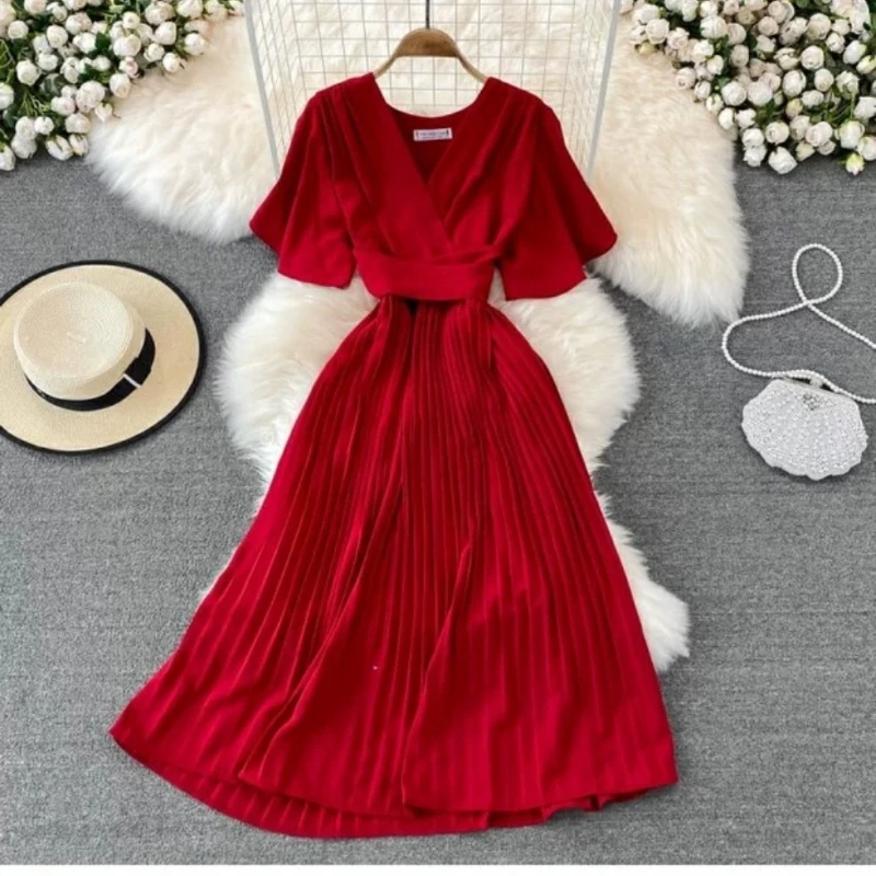 Mid Length Dress Women Dresses A Line Vestidos High Waist V Neck Short Sleeve Elegant Y2k Streetwear Party Night Summer 2025