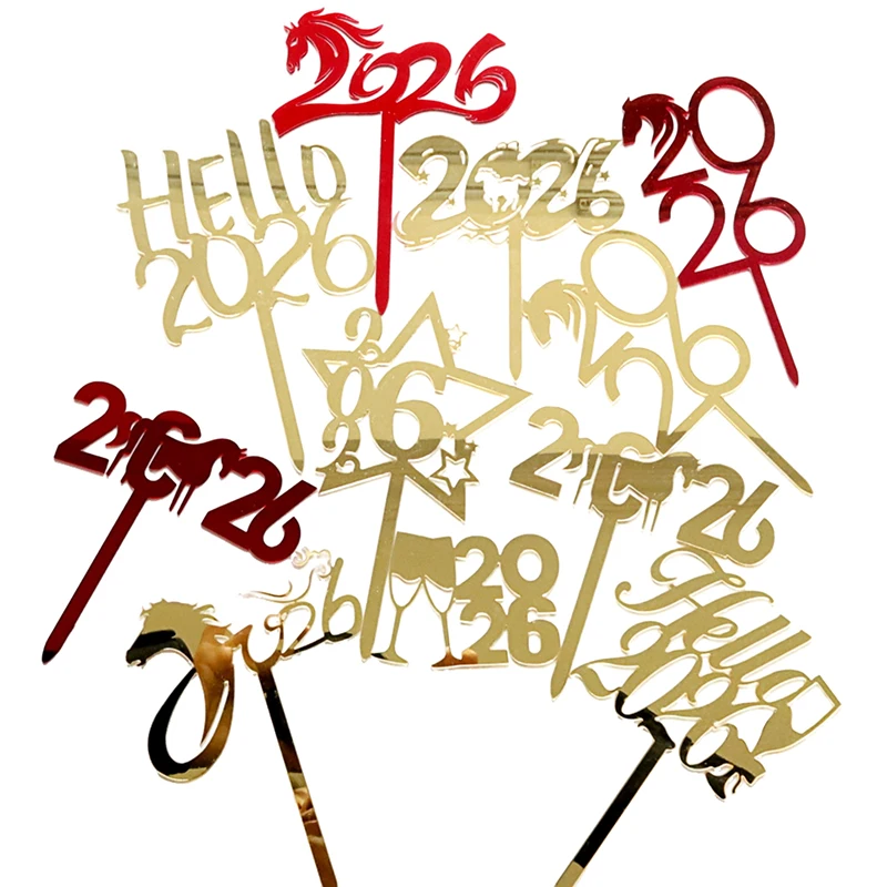 

2026 Happy New Year Gold Acrylic Cake Topper Kids Xmas Dessert Flag Baking Decoration